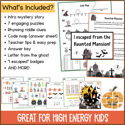 What's included in Escape From Haunted Mansion: story, 7 puzzles, code map, answer key, ghost letter, and badges