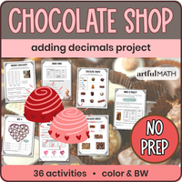Chocolate Shop: Adding Decimals Project | 36 Activities, color & bw, no prep. Cover: activity pages against a chocolate box.