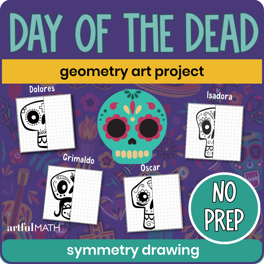 Day of the Dead geometry art project, symmetry drawing. Cover: 4 pages with cartoony sugar skulls, printed on 1/2 page; kids draw the other half. 