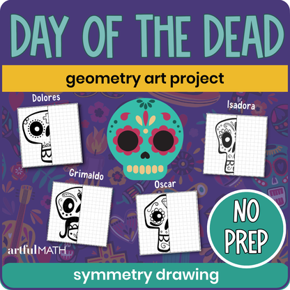 Day of the Dead geometry art project, symmetry drawing. Cover: 4 pages with cartoony sugar skulls, printed on 1/2 page; kids draw the other half. 