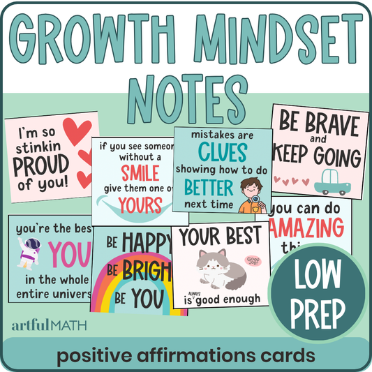 Growth Mindset Notes: positive affirmations cards, low prep. Cover: colorful, cartoony lunchbox notes with motivational messages.