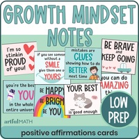 Growth Mindset Notes: positive affirmations cards, low prep. Cover: colorful, cartoony lunchbox notes with motivational messages.