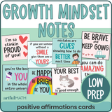 Growth Mindset Notes: positive affirmations cards, low prep. Cover: colorful, cartoony lunchbox notes with motivational messages.