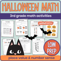 Halloween Math 3rd grade math activities, place value & number sense, low prep. Cover: fun, holiday workbook pages.