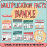 Multiplication Facts Bundle: fact fluency practice & review, no prep. Shows 7 fun activity books for facts from x2 to x12. 