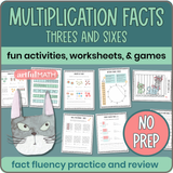 Multiplication Facts x3 x6: fun activities, worksheets & games. Fact fluency practice & review, no prep. 