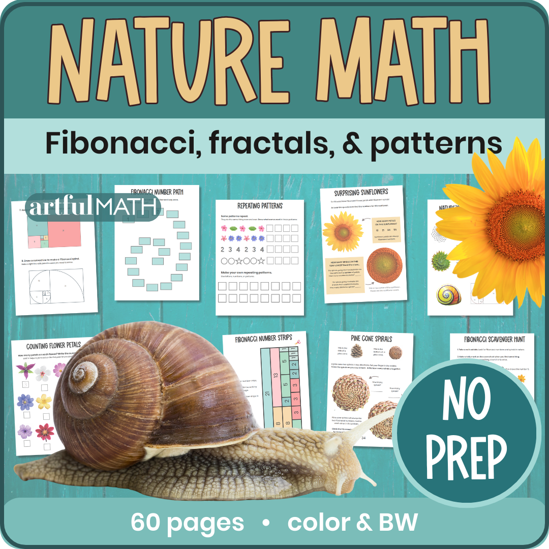 Nature math: Fibonacci, fractals, & patterns. 60 pages, color & BW, no prep. Snail, sunflower, colorful activity pages on cover. 