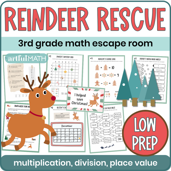 Reindeer Rescue 3rd grade math escape room: multiplication, division, place value (low prep). 