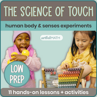 The Science of Touch human body & senses experiments. 11 hands-on lessons + activities, low prep. Child touching abacus, girl holding lemons.