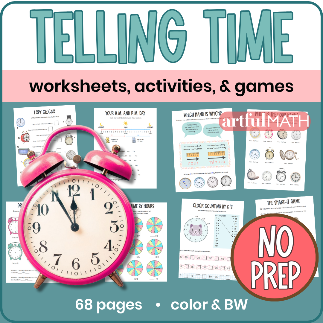 Telling Time worksheets, activities & games. 68 pages, color & BW, no prep. Alarm clock, colorful activity pages on cover. 