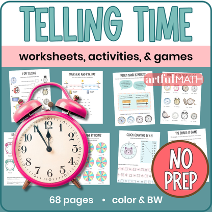 Telling Time worksheets, activities & games. 68 pages, color & BW, no prep. Alarm clock, colorful activity pages on cover. 